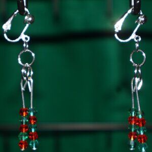 Clip-On Drop Earrings - Christmas Themed - Small Red and Green Beads - COJ19